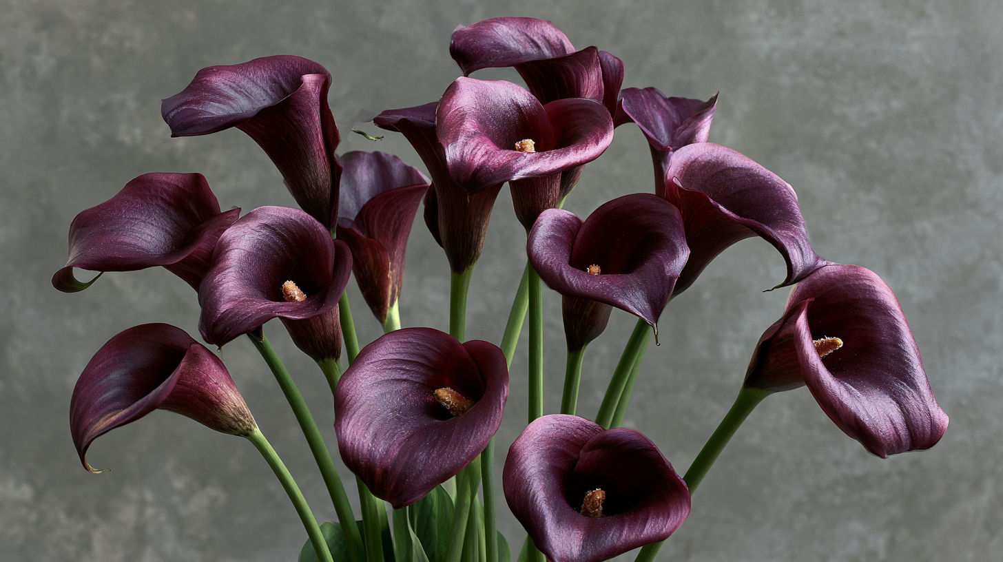 Purple calla lilies symbolizing charm and luxury.