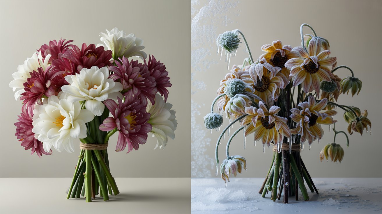 Healthy flowers beside frost-damaged blooms comparing mild cold exposure with freezing temperature effects