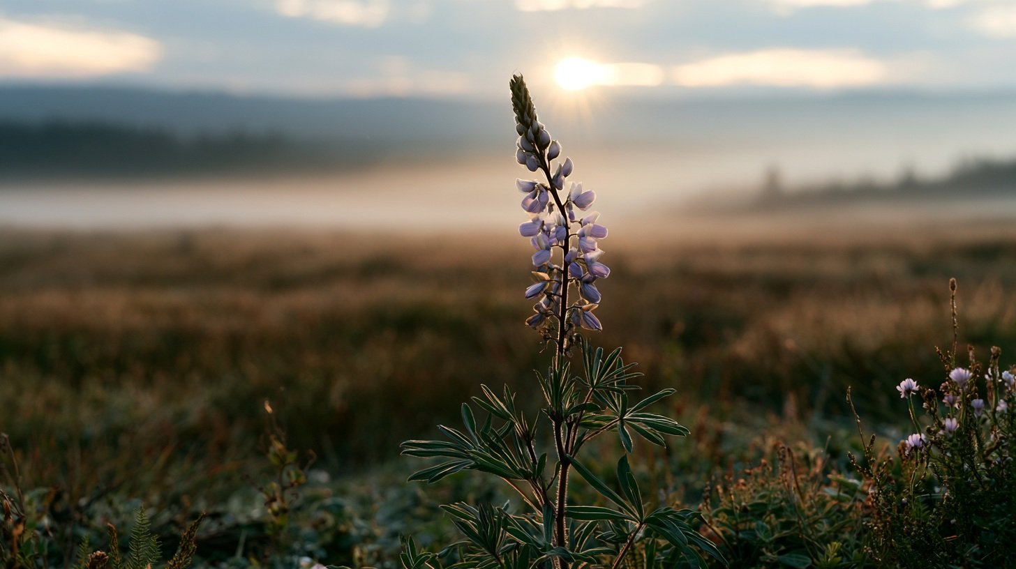 Lupine flower glowing in peaceful morning light.