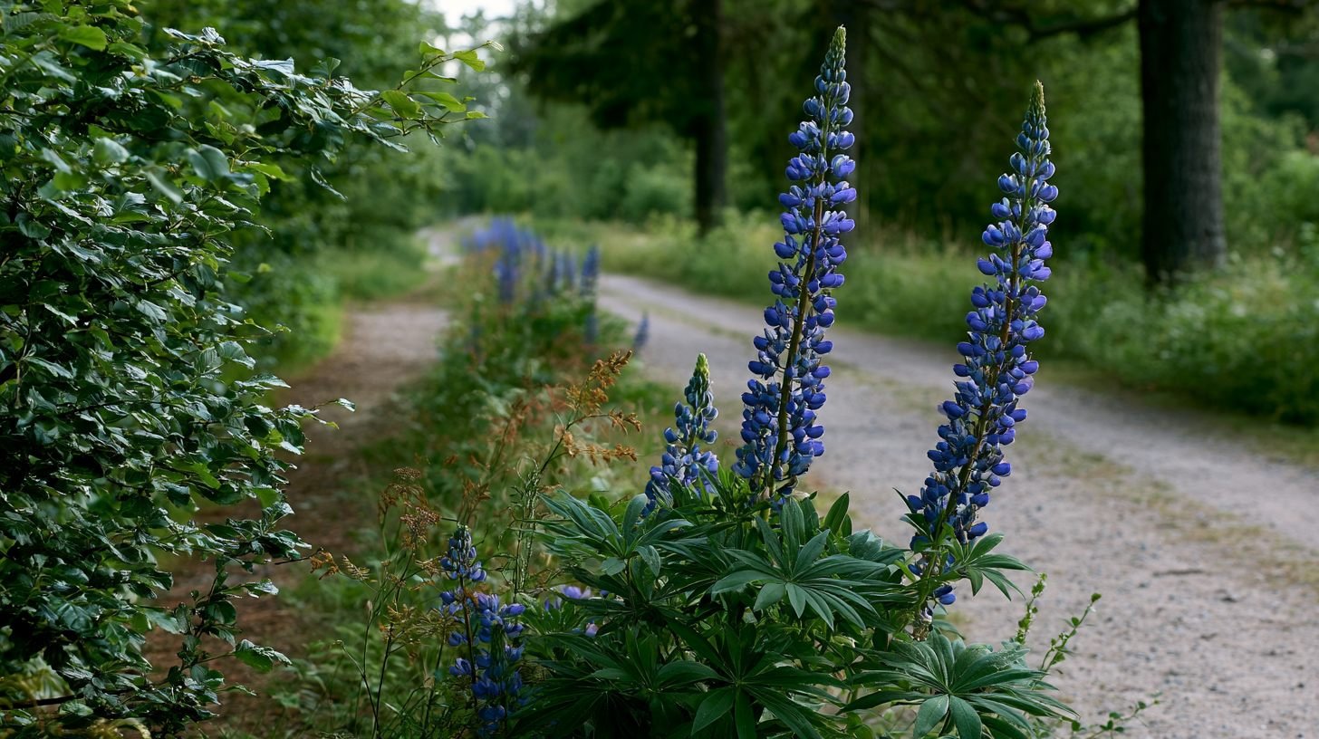 Blue lupine flowers in a peaceful garden.