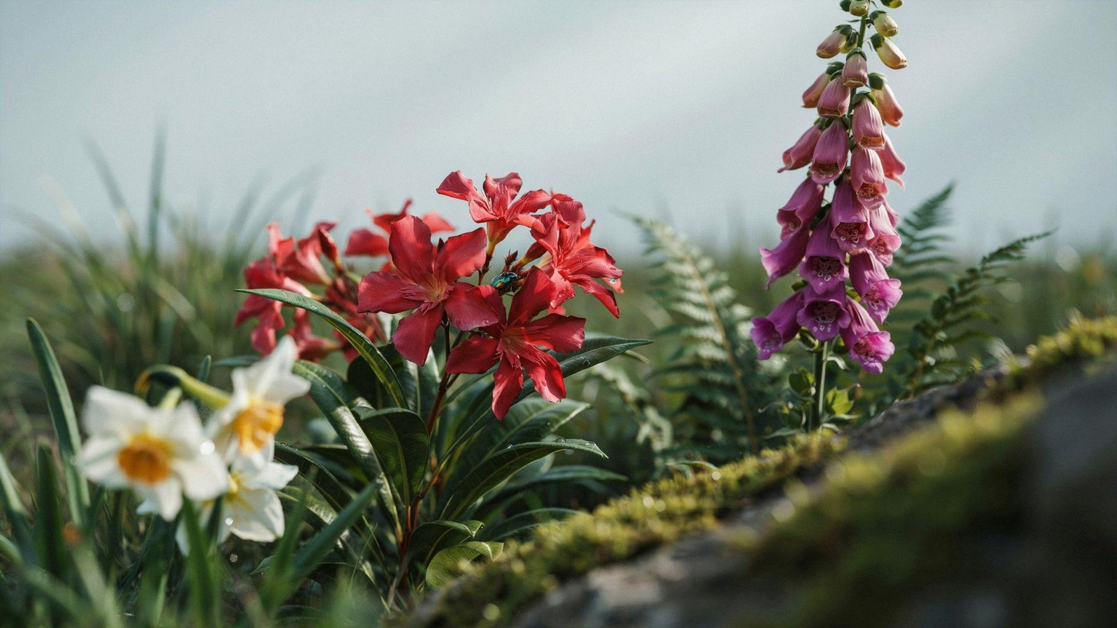 Vibrant poisonous flowers blooming beautifully in a garden, hiding natural toxins beneath their stunning appearance.