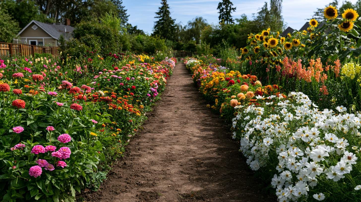 Rows of blooming flowers planted for harvesting in a cut flower garden.