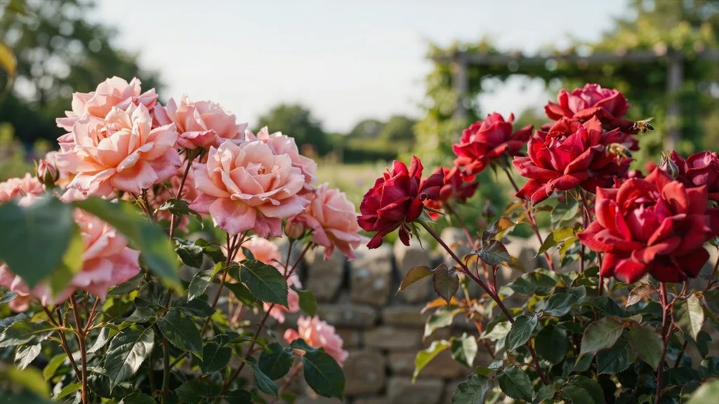 Pink and red roses blooming together in a flower garden.