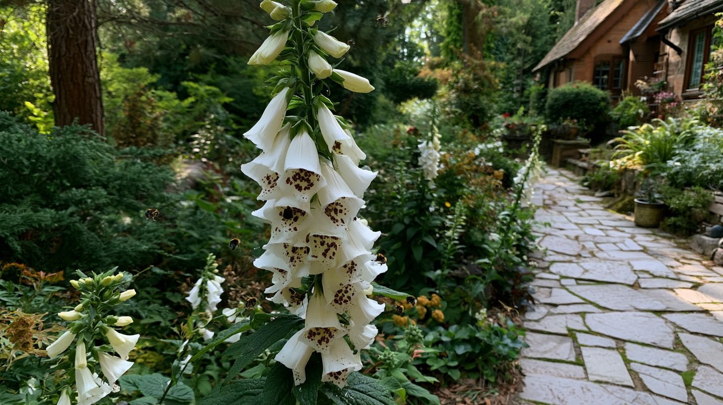White foxglove flowers with dark speckled interiors.