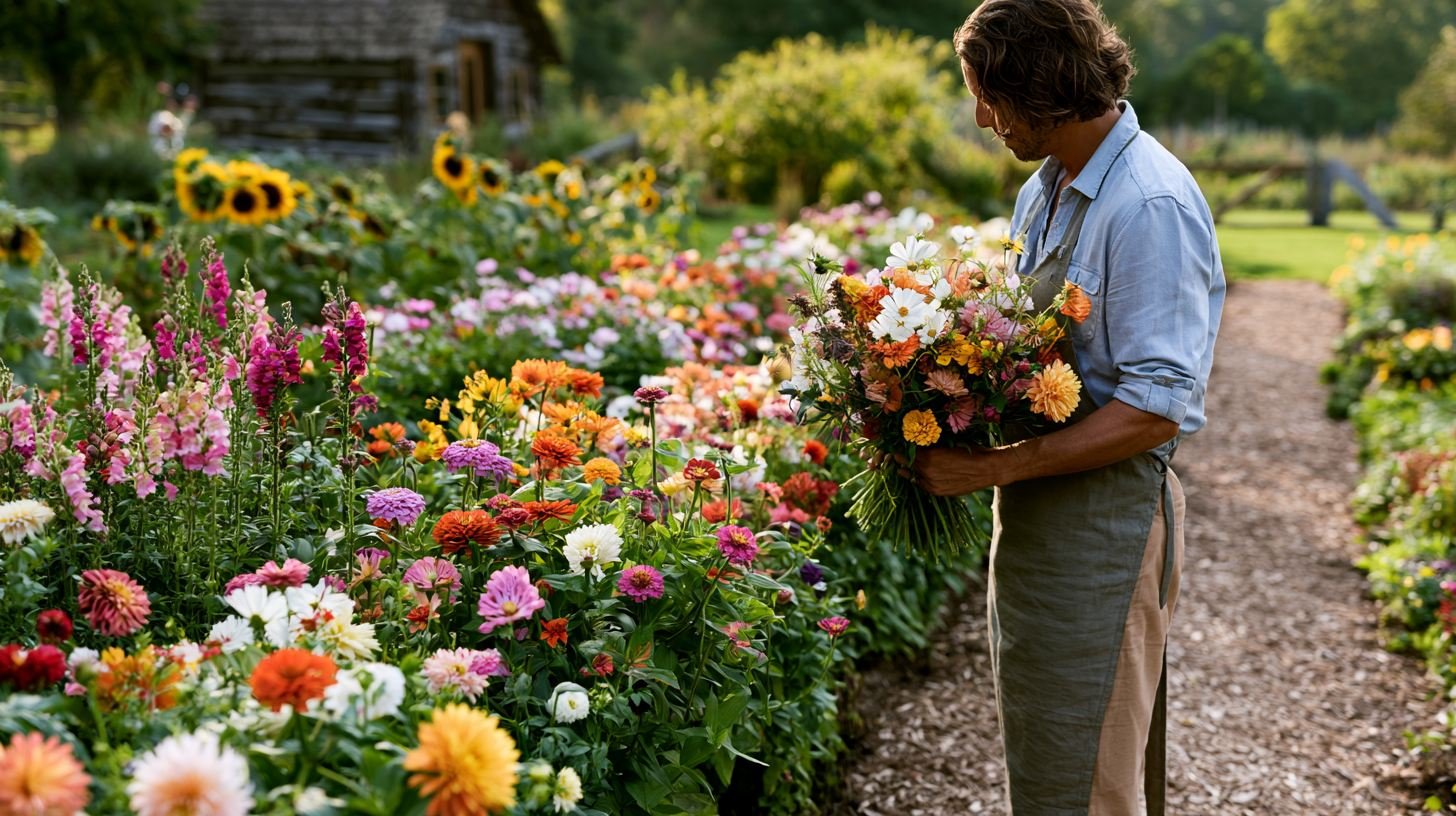 Beginner cut flower garden with colorful flowers growing in neat rows.