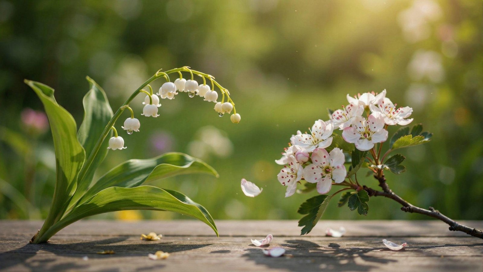 Lily of the valley beside hawthorn blossoms comparing gentle beauty with resilient spring strength