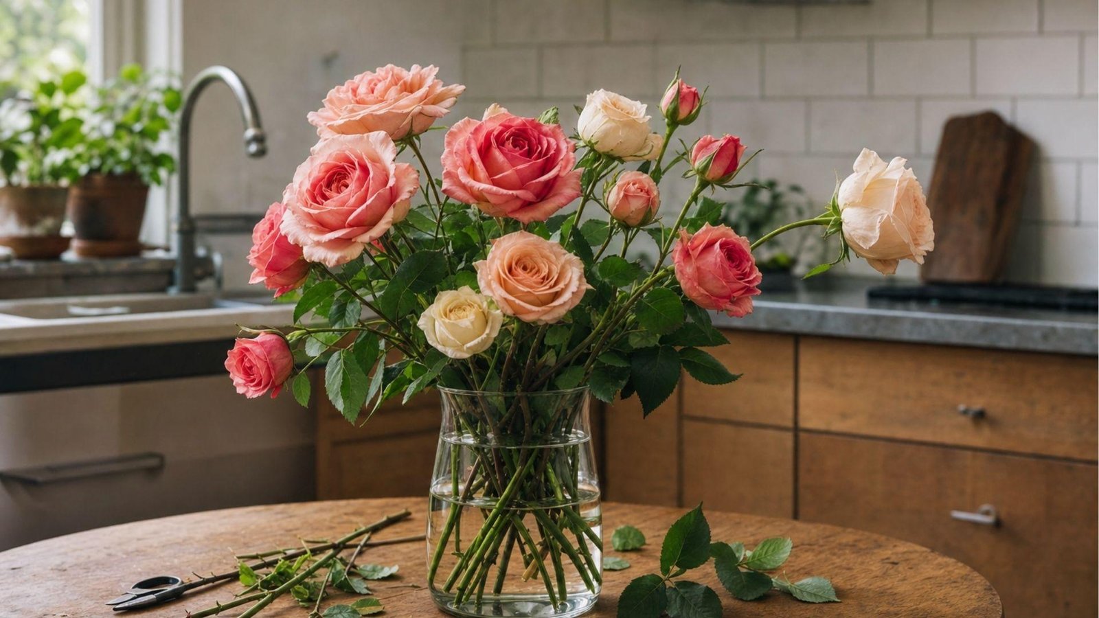 Pink and cream roses trimmed on a table highlight stem cutting to extend rose life up to 10 days.