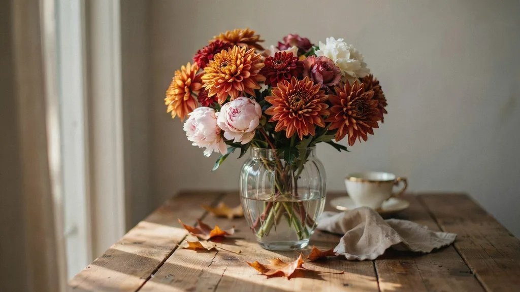 A bouquet featuring November birth flowers, chrysanthemums and peonies, arranged in a vase.