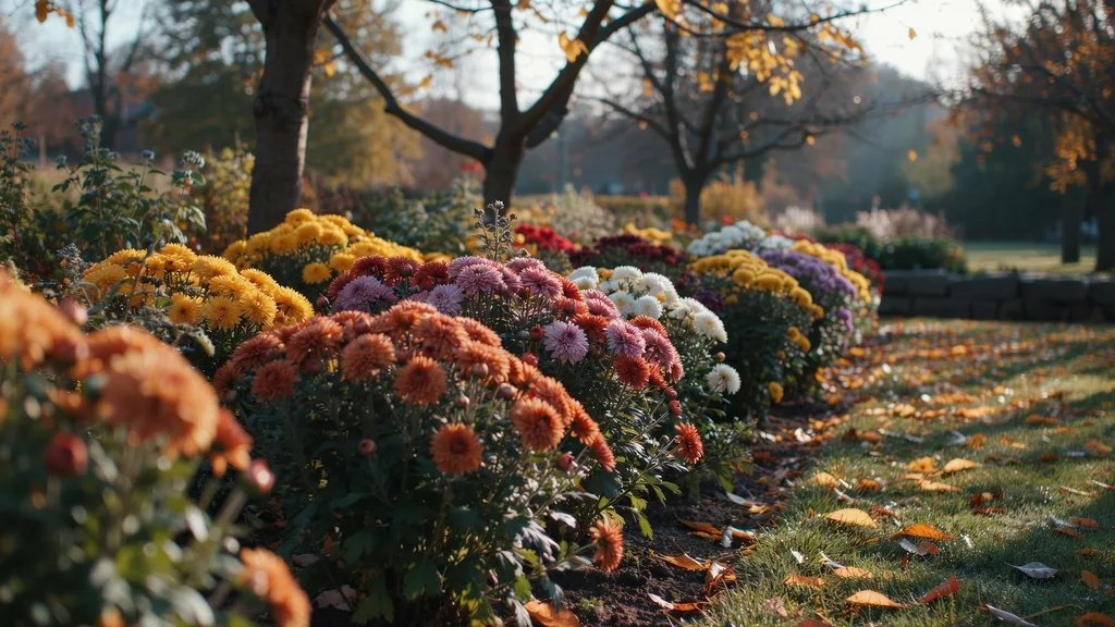 Colorful chrysanthemums blooming in a late autumn garden despite cool November weather.