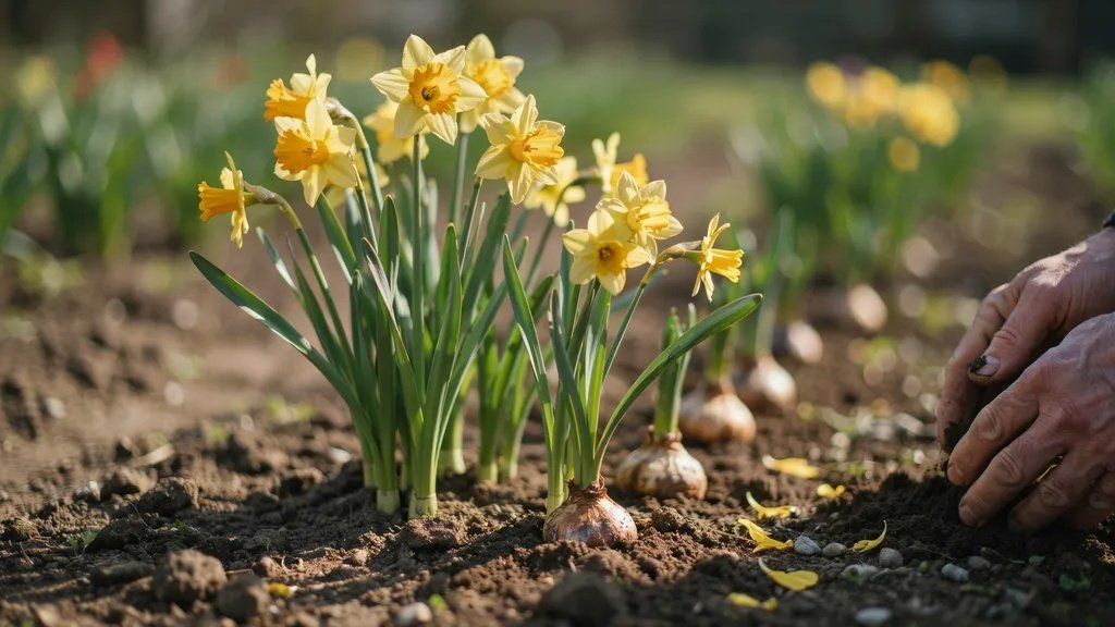 Daffodils and jonquils growing in a spring garden with care instructions like planting bulbs and sunlight exposure.