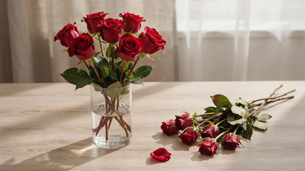 Wilted roses left without water overnight beside fresh hydrated roses for comparison.