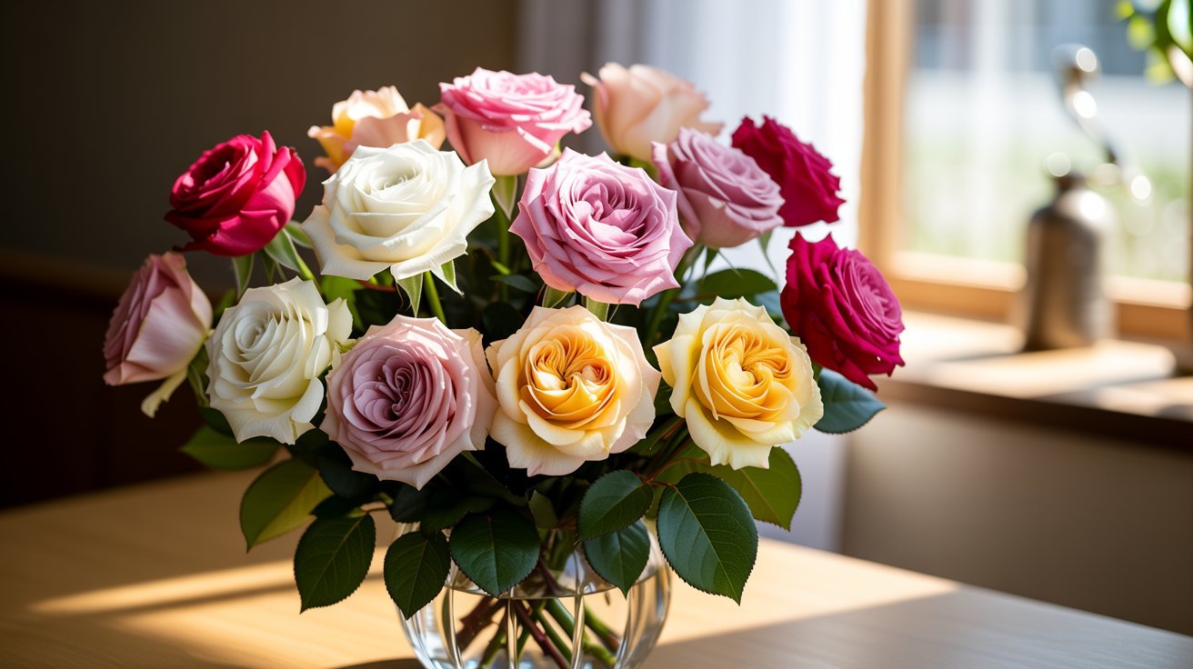 A bouquet of red, white, pink, and yellow roses representing love, respect, honor, comfort, and different symbolic meanings.