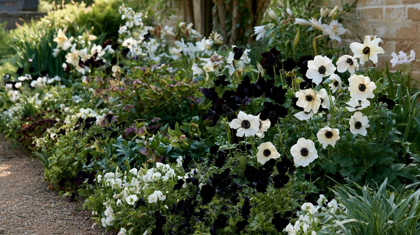 Black and white flowers blooming together in a lush garden with striking contrast.