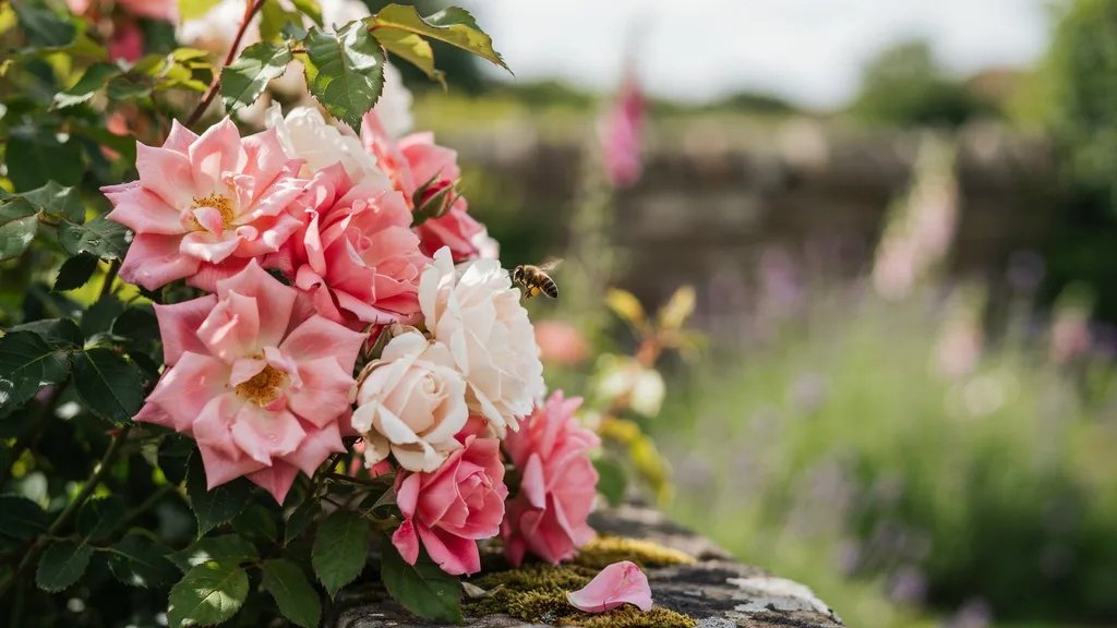 Pink and white roses displayed together in a garden.