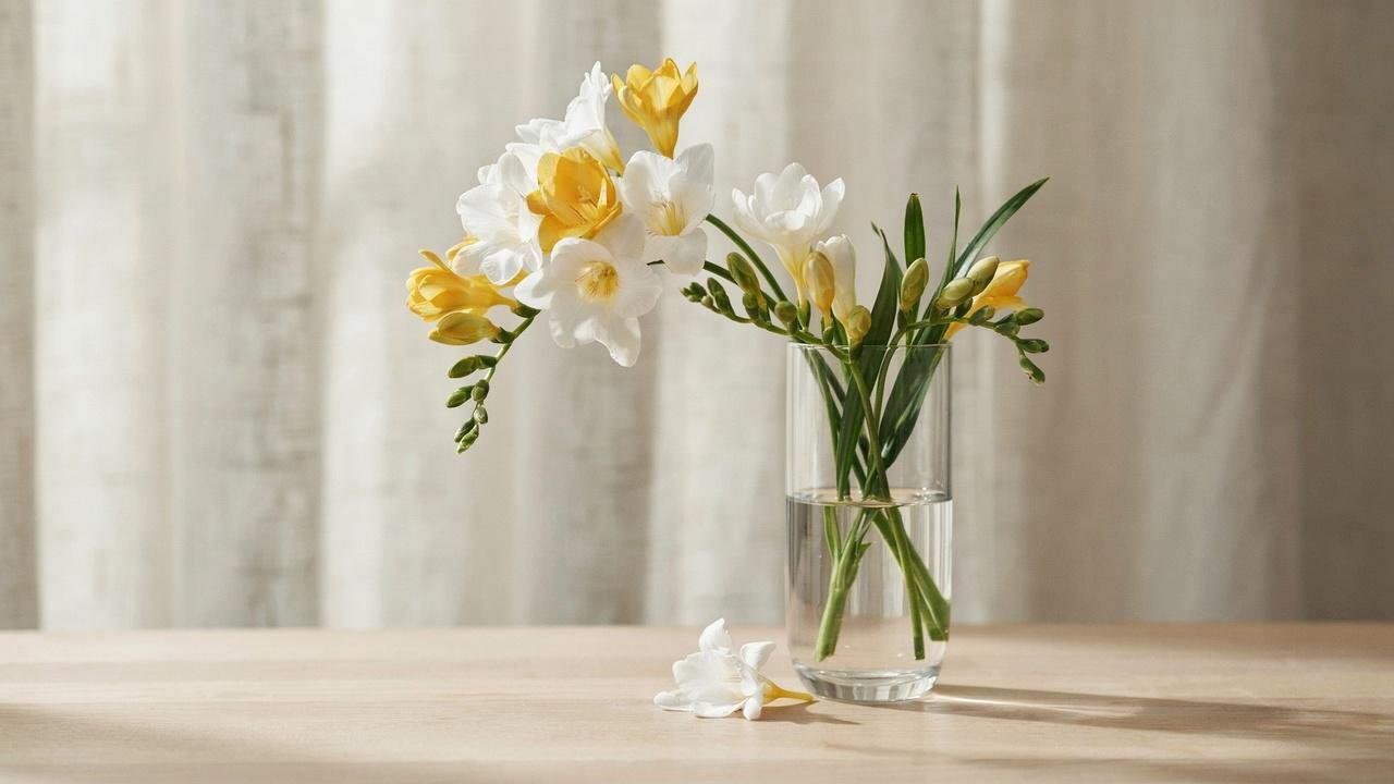 Delicate freesia flowers symbolizing trust, thoughtfulness, respect, and sincere friendship.