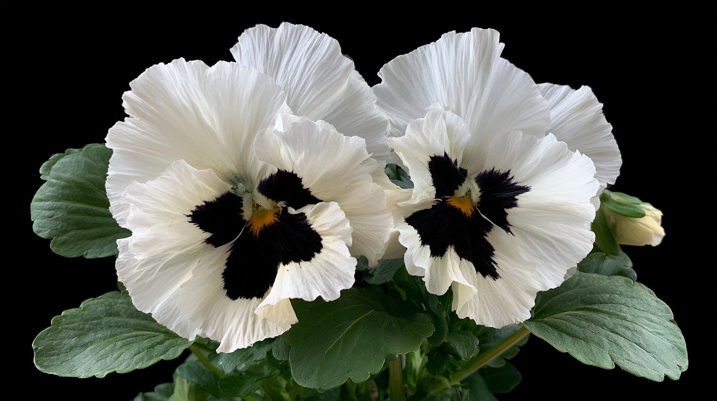 White pansy with a bold black center.