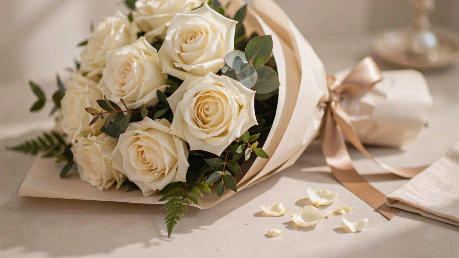 Classy white rose bouquet prepared as a thoughtful gift for celebrations, love, friendship, and remembrance