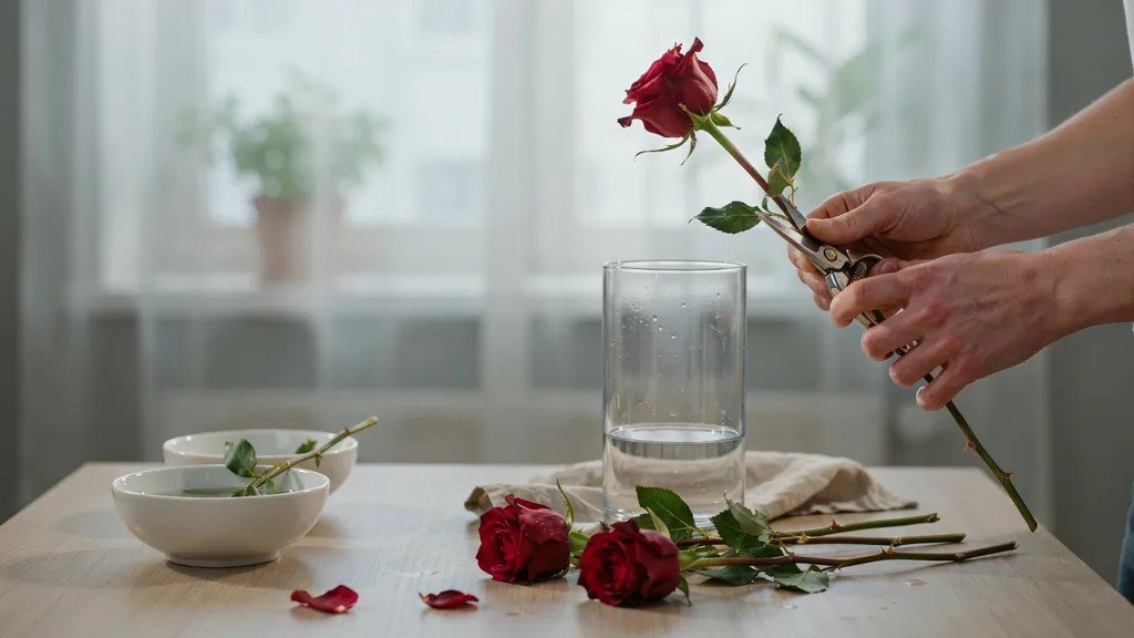 Trimming rose stems at a 45-degree angle with clean scissors before placing them in water overnight.