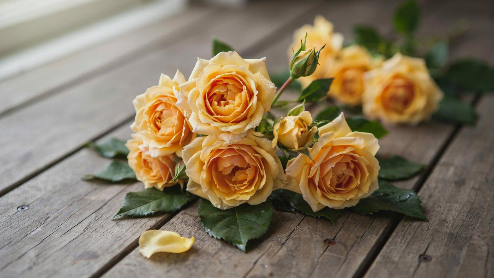 Yellow roses kept on a wooden surface, freshly bloomed and plucked with hues of orange visible at the centres.