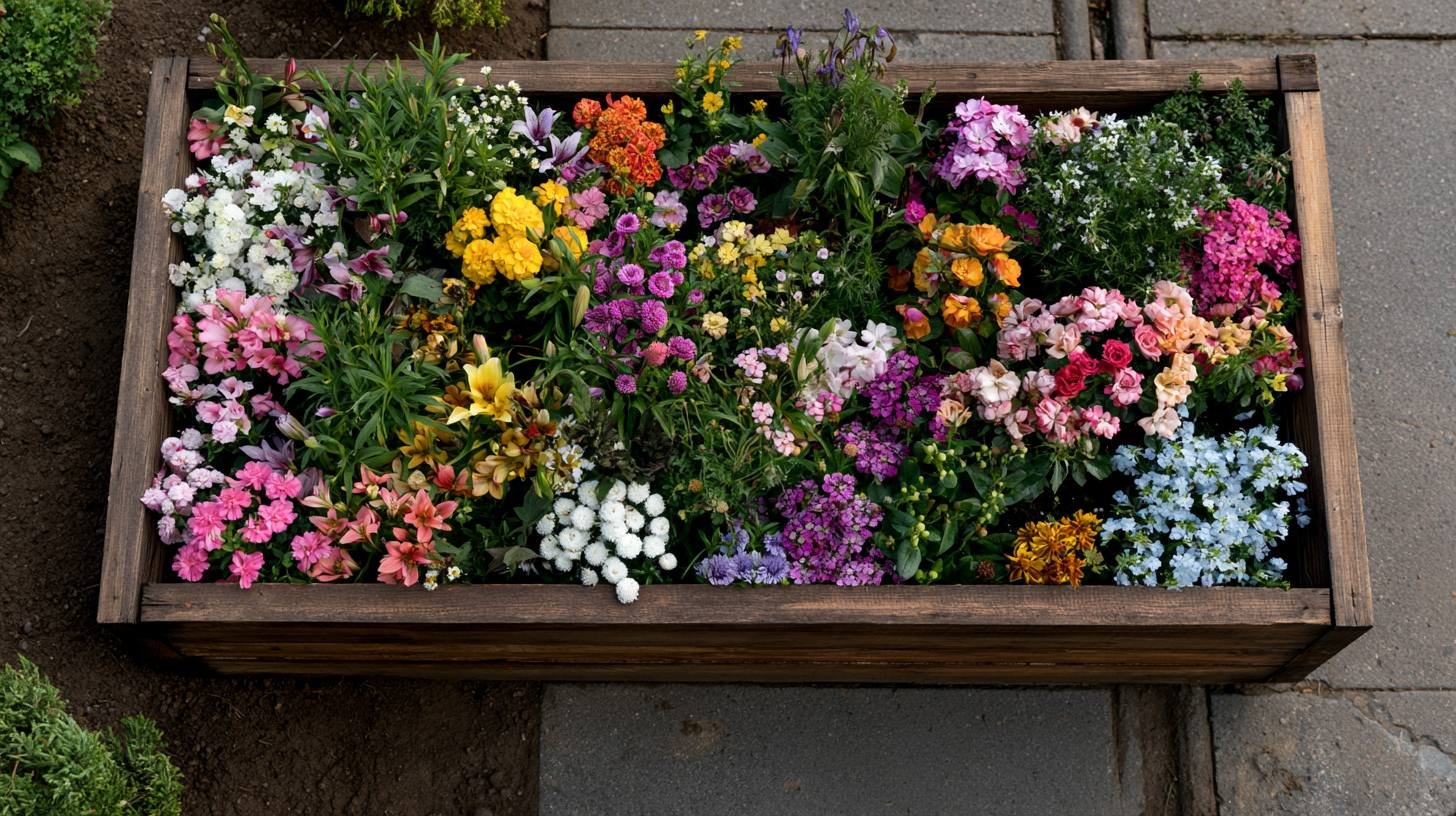 Small raised flower bed planted with colorful cut flowers.