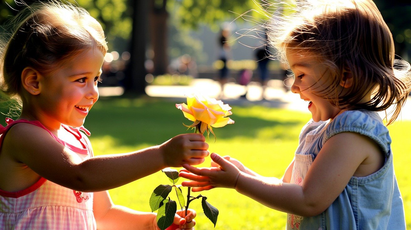 A young girl giving her friend a yellow rose plucked from the park as they play together.