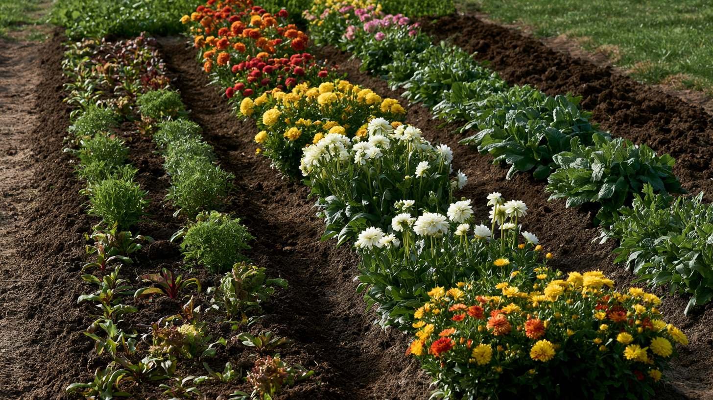 Flower garden with plants at different stages of growth.