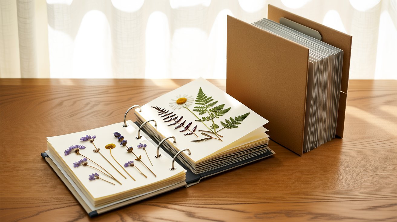 Pressed flowers stored flat inside an archival binder, folder, and protective cardboard sheets.