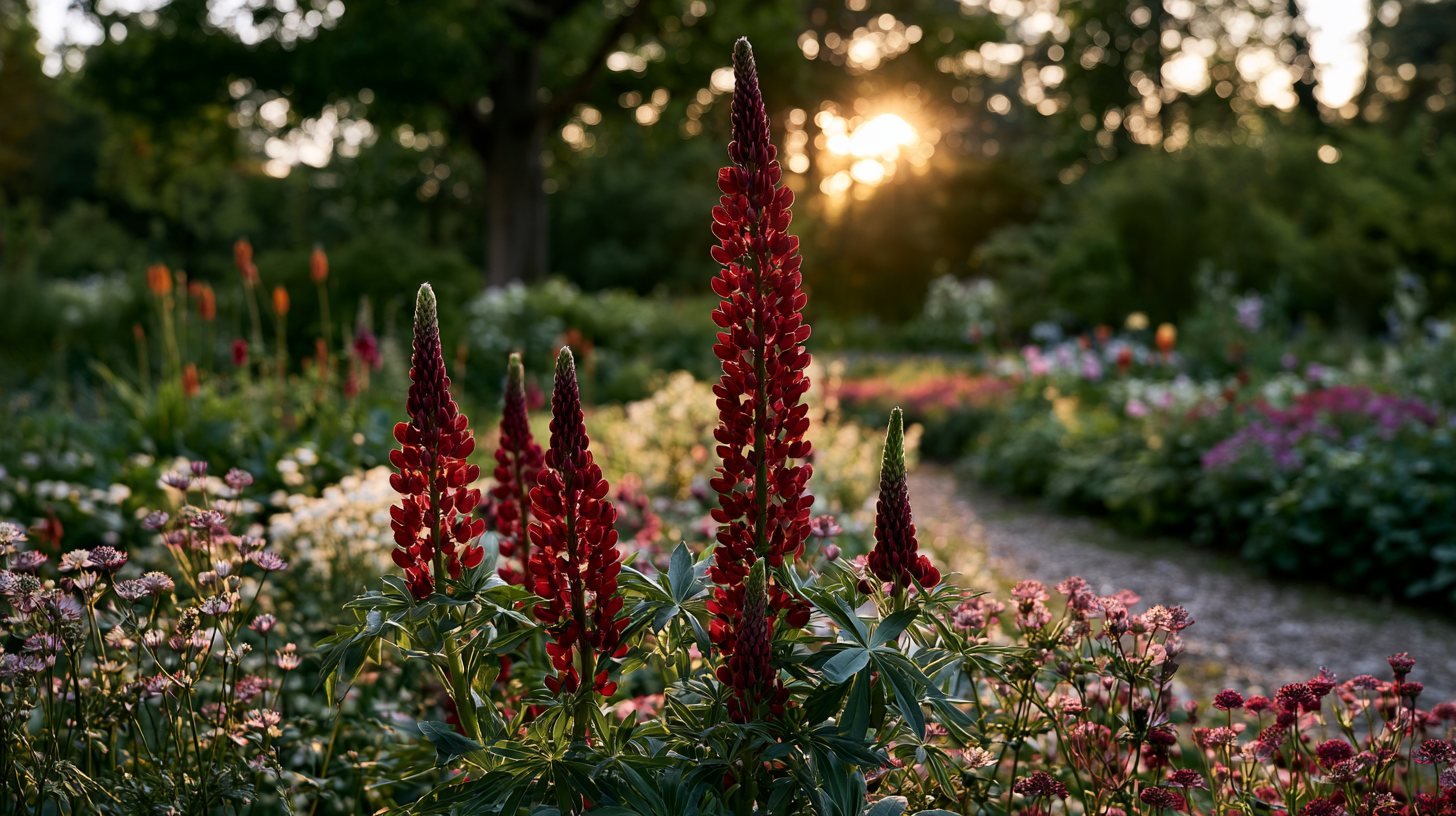 Rare red lupine flowers in bloom.