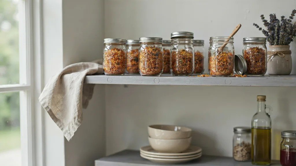 Dried calendula flowers stored neatly in glass jars.