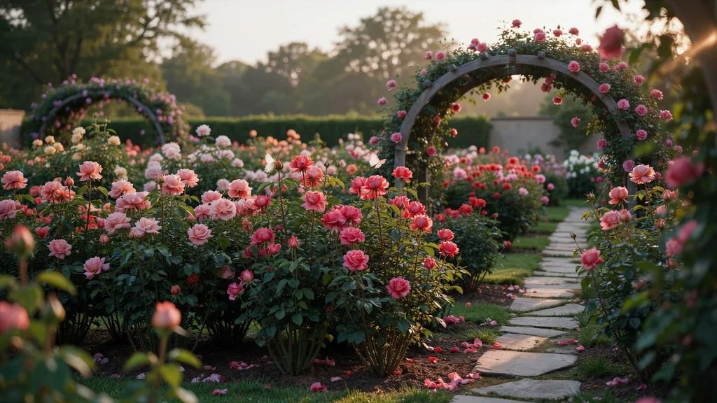 Blooming pink rose garden glowing in warm evening sunlight.