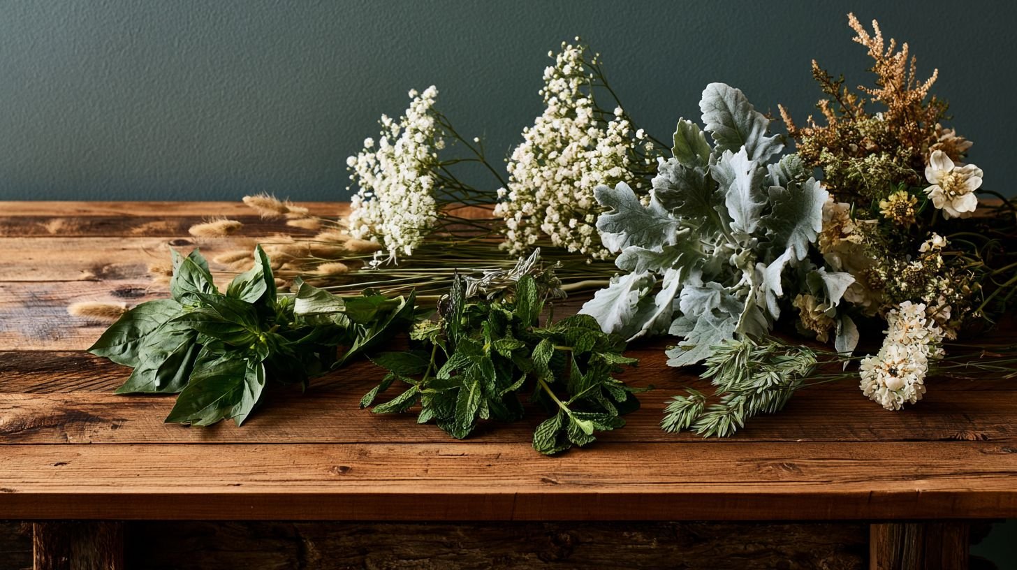 Fresh foliage and filler plants used in homemade flower bouquets.