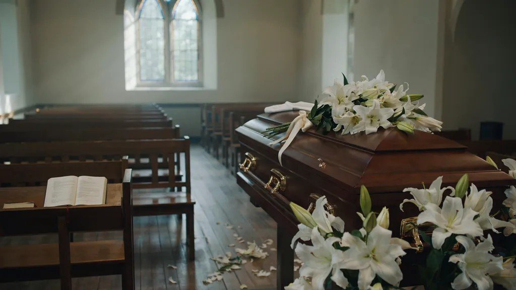 White lilies kept on and around a casket to symbolize peace and rest.