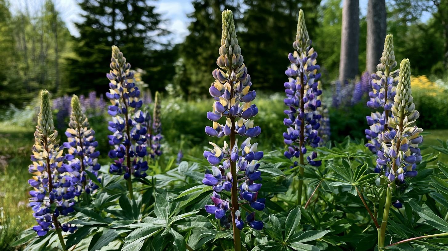 Tall lupine flowers growing in a garden.