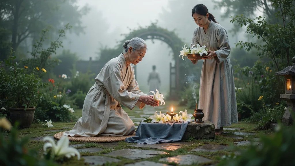 Lilies kept on a sacred elevated surface to be used during a spiritual ceremony.