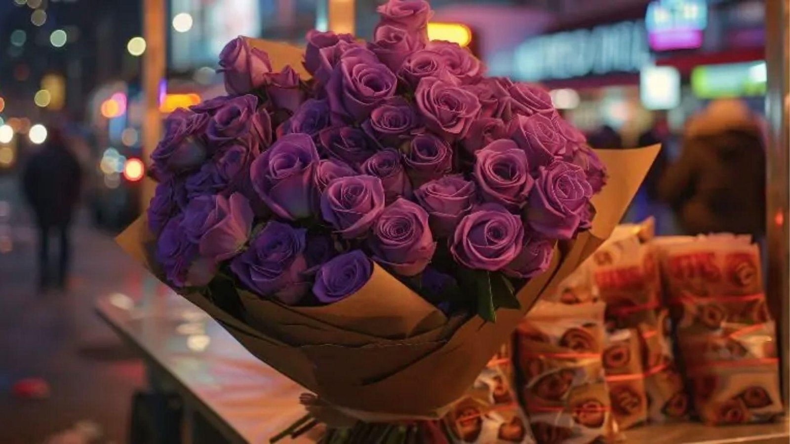 Bouquet of deep purple roses in brown wrap on city street at night, symbolizing enchantment and mystery