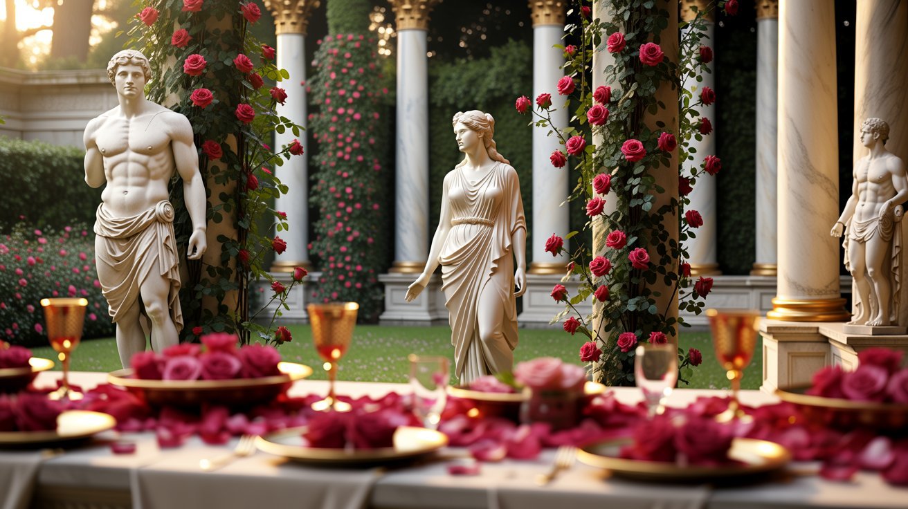 Red roses inspired by Ancient Greece and Rome symbolizing love, beauty, and classical elegance.
