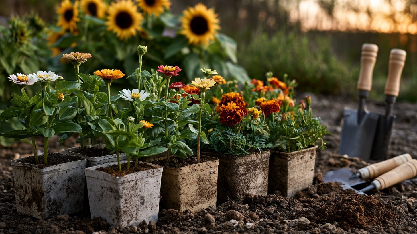 Young flower seedlings growing from seed in a sunny garden.