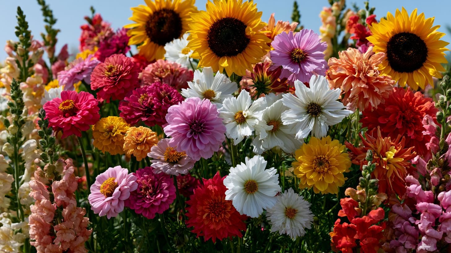 Colorful cut flowers including zinnias, cosmos, dahlias, snapdragons, and sunflowers.