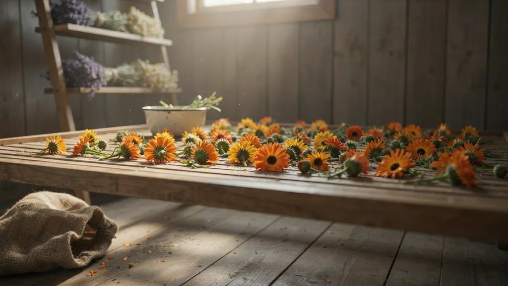 Calendula flowers air-drying on a screen in a shaded space.