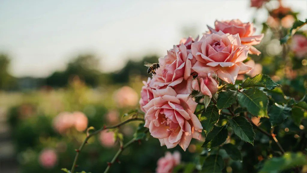 Soft pink roses arranged in a clear glass vase indoors.