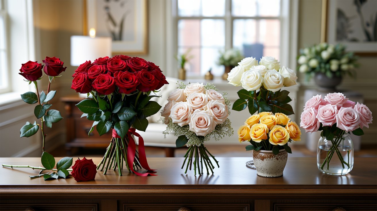 Different colored and arranged roses showing how rose meanings change based on color, quantity, culture, and occasion.