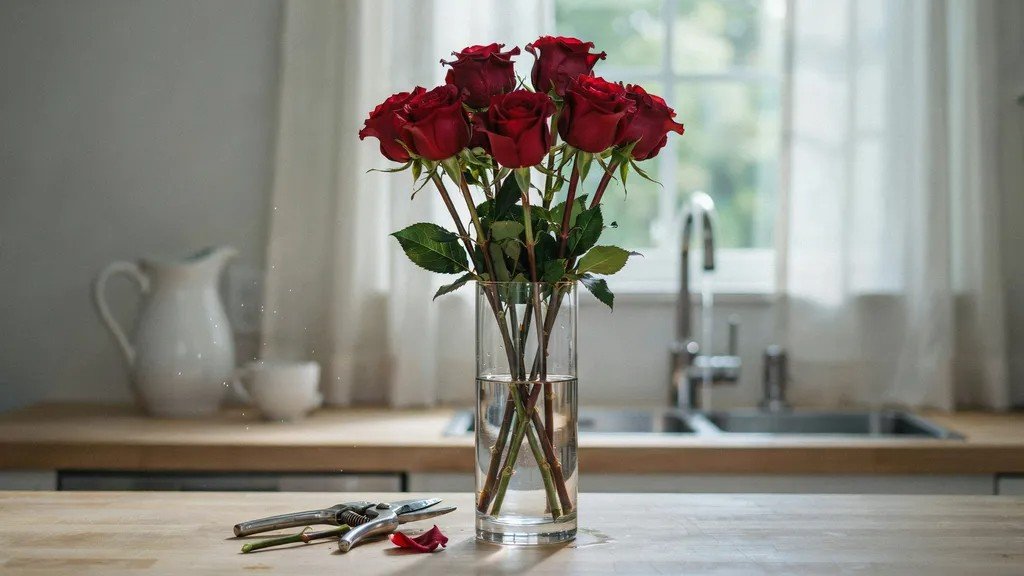 Fresh roses placed in a clean glass vase filled with room temperature water for overnight freshness.