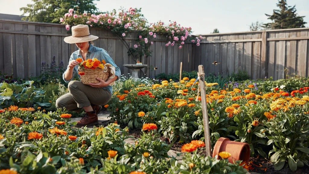 Gardener harvesting bright calendula flowers from a healthy garden in morning light.