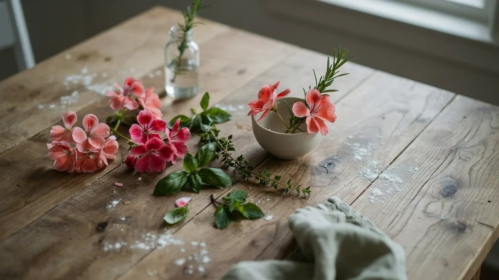 Fresh geranium flowers displayed with herbal plants.
