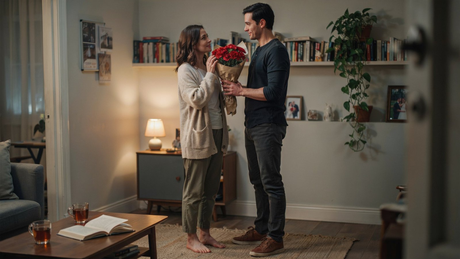 A man gifting his wife a red carnations bouquet showcasing a loving scene.