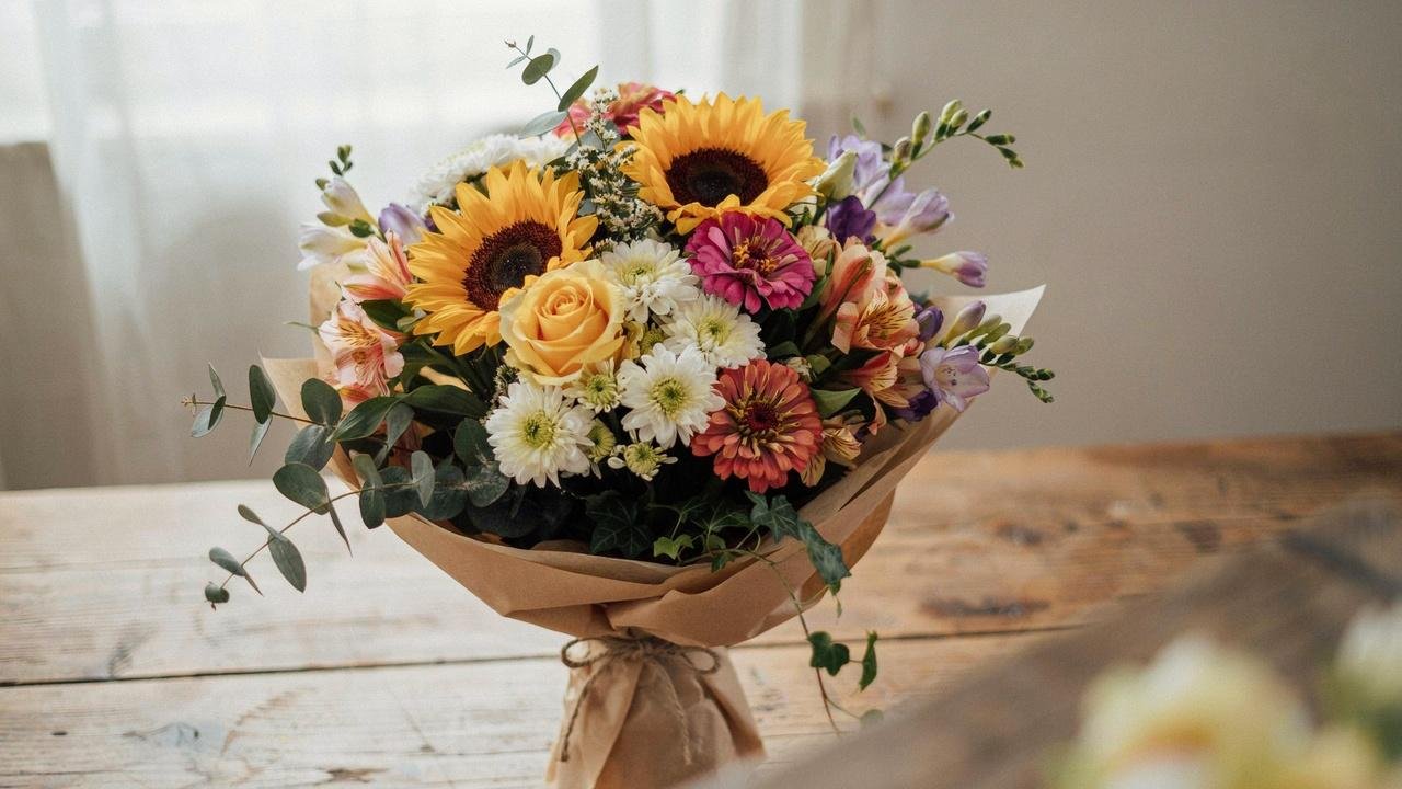 A colorful bouquet of friendship flowers including yellow roses, sunflowers, chrysanthemums, and daisies symbolizing friendship and appreciation.