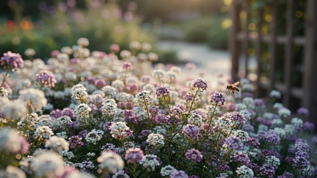Colorful alyssum flowers blooming together in a peaceful cottage garden.