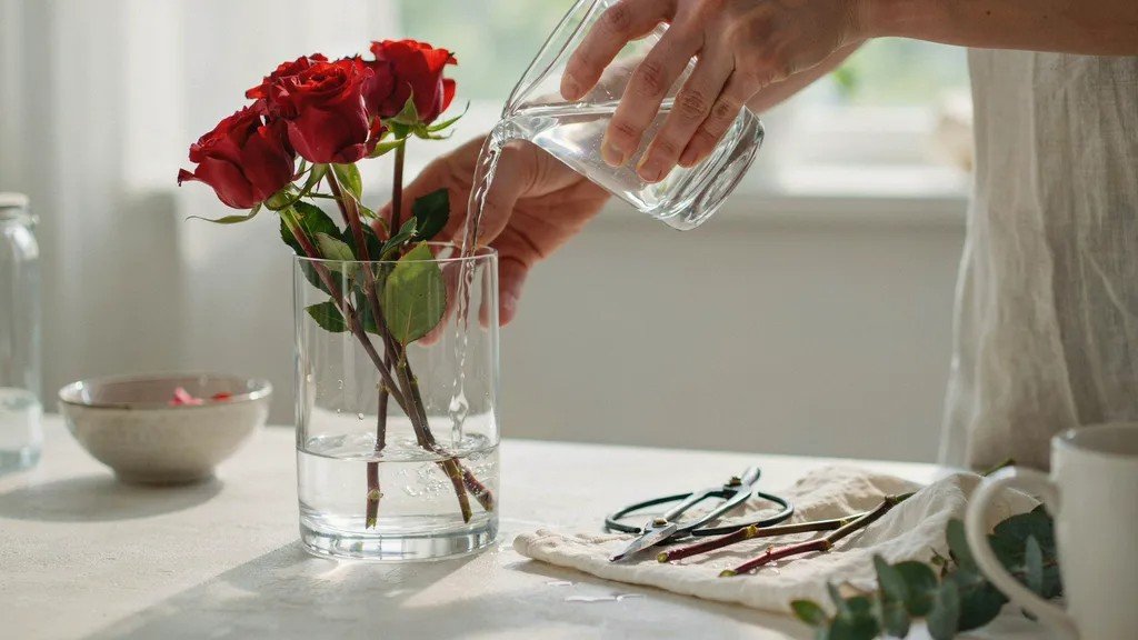 Refreshing the water and trimming rose stems the next morning to extend the life of fresh roses.