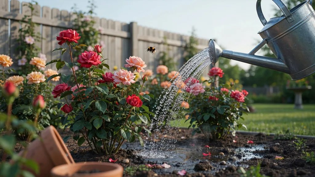 Garden roses receiving deep watering in a healthy flower bed.