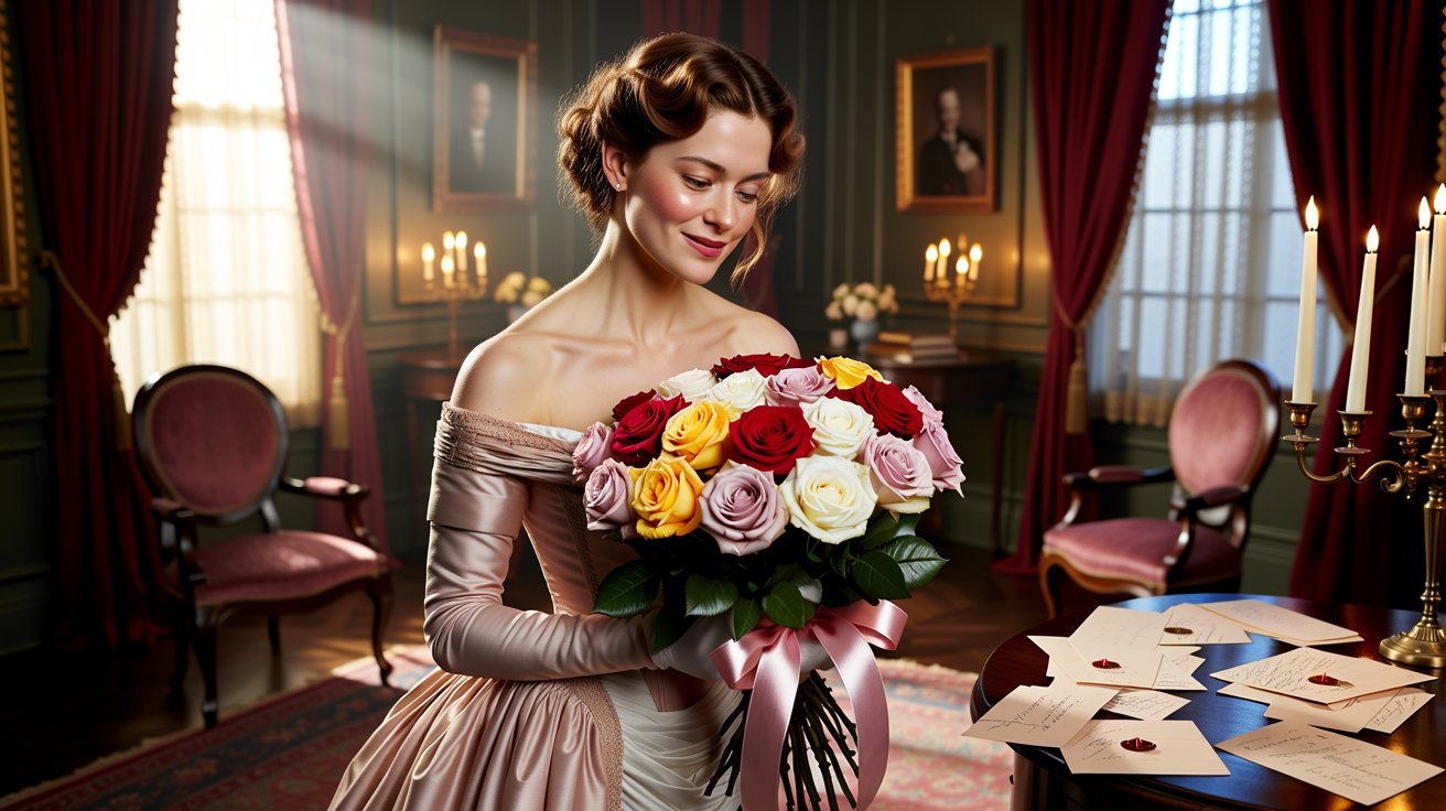 Victorian bouquet of colorful roses representing the language of flowers and hidden symbolic messages.